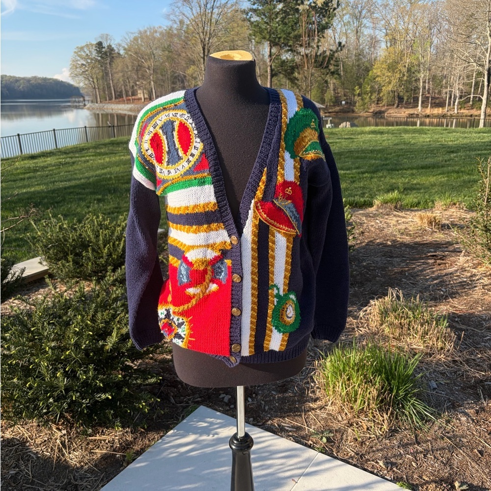Vintage Nautical Knit Cardigan Anchor Buttons Coastal Preppy Sweater Petite PS
